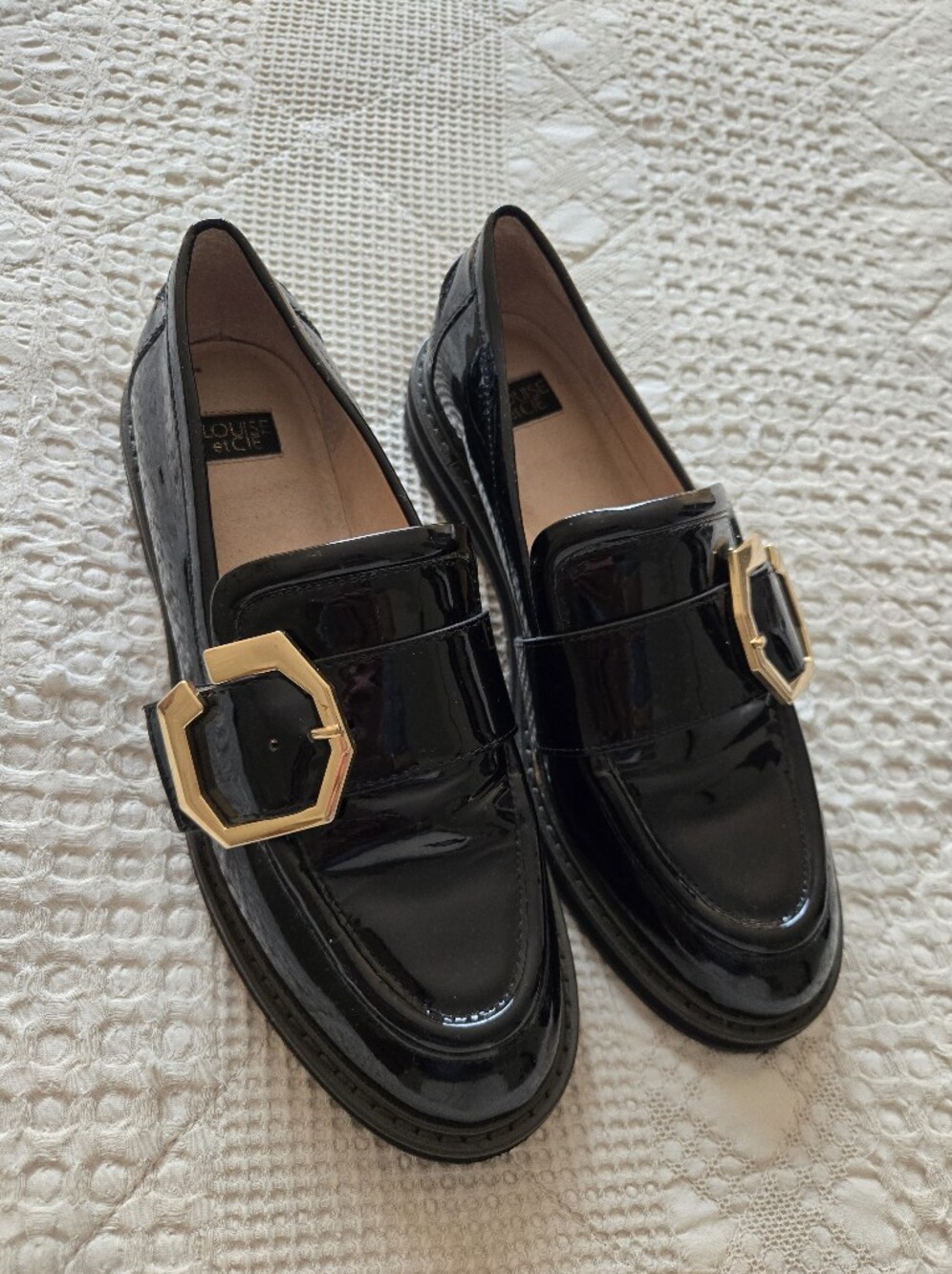 LOUISE et CIE Black Patent Leather Loafers with Gold Buckle Preppy Designer 8M